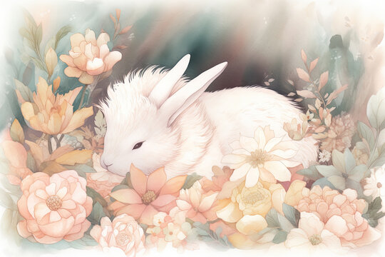 Illustrate a heartwarming watercolor image of a little bunny sleeping among a bed of pastel-colored flowers, with the bunny's soft fur blending