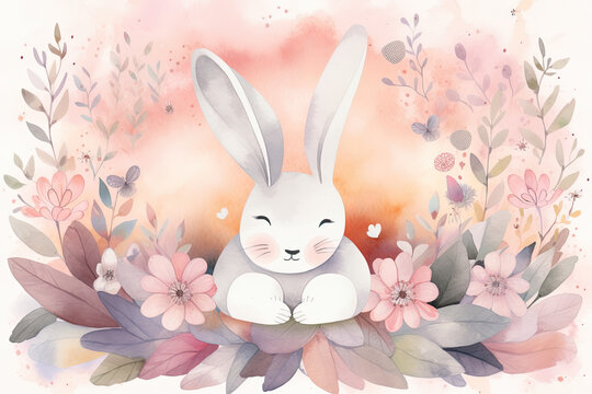Design a whimsical watercolor image of a little bunny surrounded by a bed of flowers that are all shaped like hearts, with soft pink and purple colors creating a dreamy and romantic atmosphere