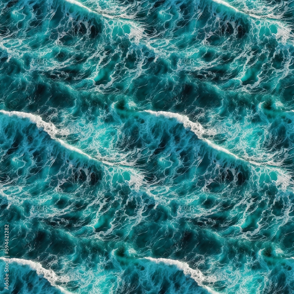Poster aerial view to ocean waves with foam. blue water background.. ai generative illustration.