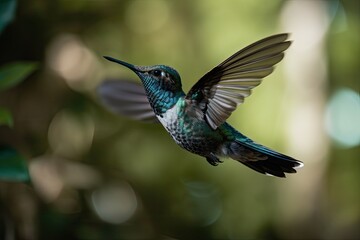 Fototapeta na wymiar hummingbird hovering in mid-air, with forest and sky serving as the backdrop, created with generative ai