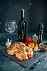 front view cooked spiced chicken with wine on dark background meat food barbecue dish dinner pepper animal color meal