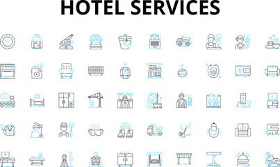 Hotel services linear icons set. ospitality, Accommodations, Amenities, Concierge, Room service, Housekeeping, Reception vector symbols and line concept signs. Bellhop, Valet, Shuttle illustration