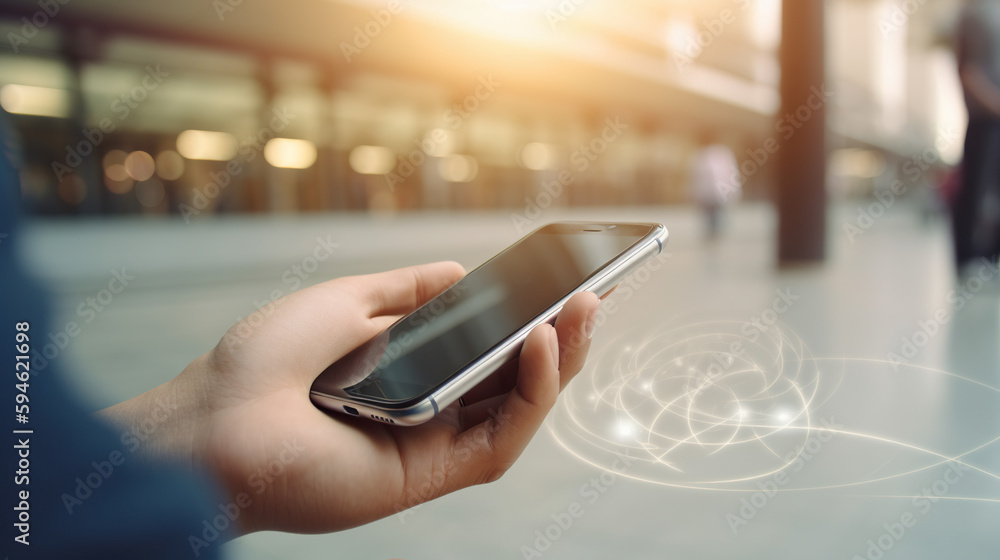 Poster close up image of woman using mobile smart phone with world map on screen, generative ai
