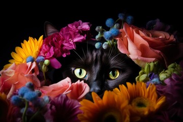 A cat peeking out from behind a colorful bouquet of flowers.