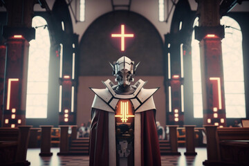 Robot priest in the church of the future. Illustration created with Generative AI technology. - obrazy, fototapety, plakaty