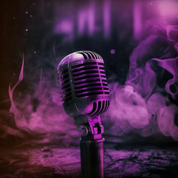 Retro microphone in purple light. Abstract illustration created with Generative AI technology.
