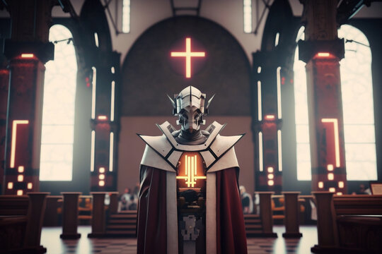 Robot priest in the church of the future. Illustration created with Generative AI technology.