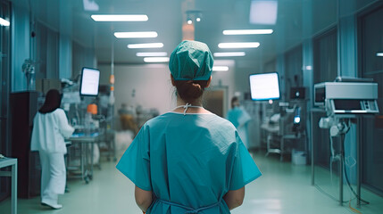 Obraz premium Back view of female surgeon in a hospital intensive care unit. Generative AI