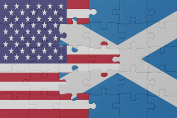 puzzle with the national flag of scotland and united states of america. macro