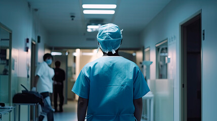 Back view of female surgeon in a hospital intensive care unit. Generative AI