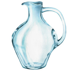 Hand drawn watercolor illustration of crystall clear glass jug without stopper. An illustration to combine with different images for printing design, postcards, covers, web, etc.