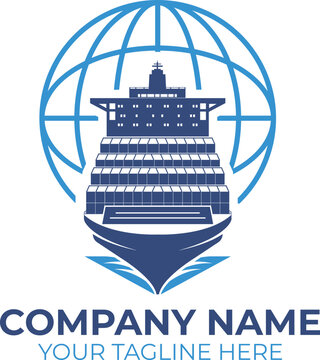 Shipping company logo with cargo ship and globe vector
