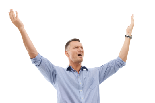 Angry, frustrated and a man throw arms in air, looking disappointed and annoyed. Surprise, wow and businessman shocked by bad result, problem or work fail isolated on a transparent png background