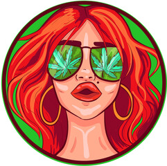 Redhead woman portrait. Stoner girl with green marijuana sunglasses and curly red hair. Vector conceptual art of an avatar face inside a circle.