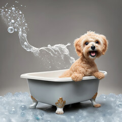 maltipoo dog washing in a bathtub, Generative AI