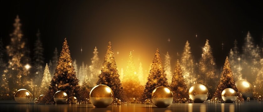 christmas trees and balls background, golden color banner, warm tilt