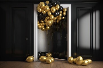 gold  and black balloons in room,ai generative