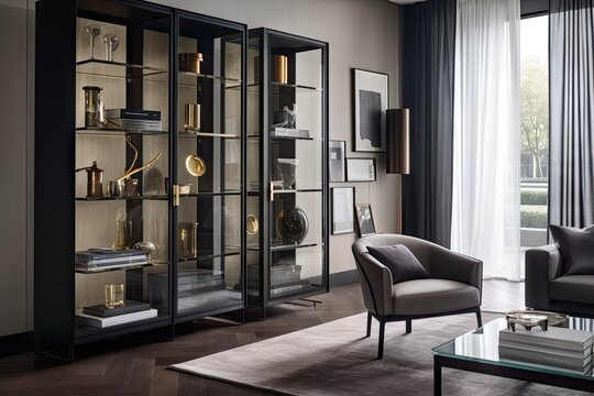 a sleek, modern cabinet with glass doors to display books and collectibles, created with generative ai
