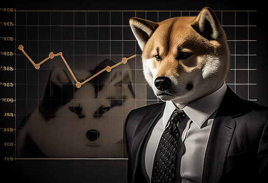 Dog and stock chart in the background. Use technology cryptocurrency blockchain. with Capital Gain, Fundamental. Dogecoin. High quality photo