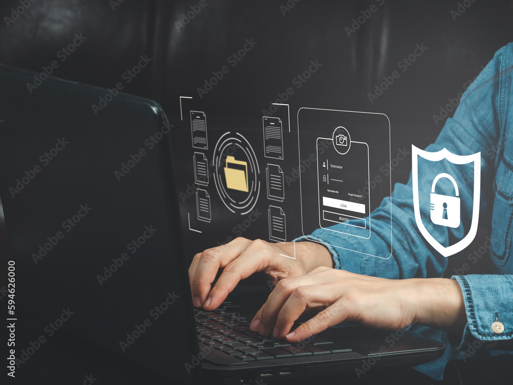 Poster cybersecurity concept global network security technology, business people protect personal informati