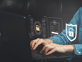 cybersecurity concept Global network security technology, business people protect personal...