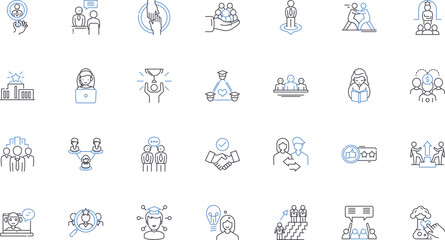 Staff training line icons collection. Learning, Development, Skill-building, Education, Instruction, Coaching, Mentoring vector and linear illustration. Empowerment,Improvement,Advancement outline