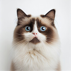 Adult Ragdoll cat portrait isolated on white background. Generative AI.