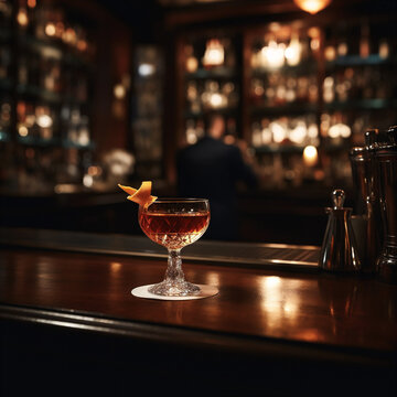 Cozy, dimly lit bar with rich, wood-paneled walls and a beautifully crafted Manhattan cocktail resting on the bar. AI generated.
