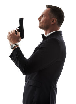 Agent, bodyguard or man with gun isolated on transparent, png background for secret service, action and crime movie. Detective, investigation and profile of professional person in a suit and firearm