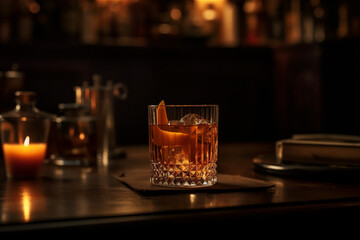 Cozy, dimly lit bar with rich, wood-paneled walls and a beautifully crafted Manhattan cocktail resting on the bar. AI generated. - obrazy, fototapety, plakaty