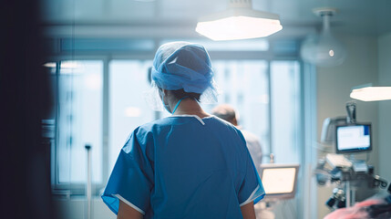 Obraz premium Back view of surgeon woman in a hospital intensive care unit. Generative AI