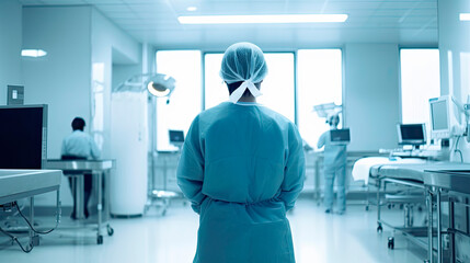 Back view of surgeon woman in a hospital intensive care unit. Generative AI