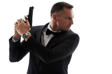 Business, suit and man with gun isolated on transparent, png background or secret service agent in action and crime. Detective, investigation and professional person or bodyguard search with firearm