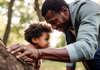 Young African American father plays with his little son in park. Happy father's day. Ai generated.