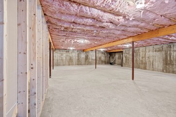 Unfinished home basement with the ceiling and concrete walls under construction