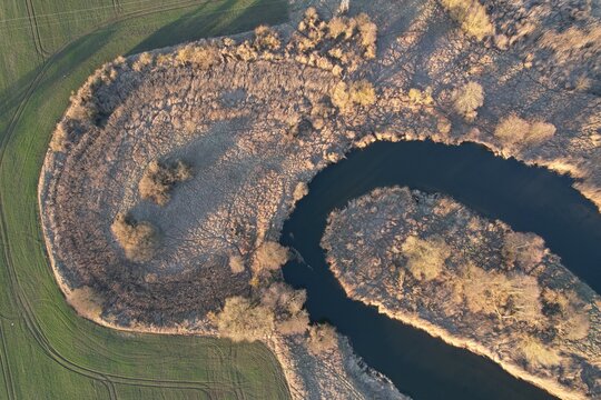 Beautiful meanders of the Gwda River in Poland seen from a drone