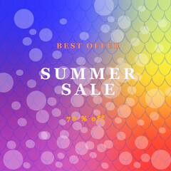 Summer sale template vector banner with scales and bubbles on the colorful background. 70% off. Best offer. Design for promotion