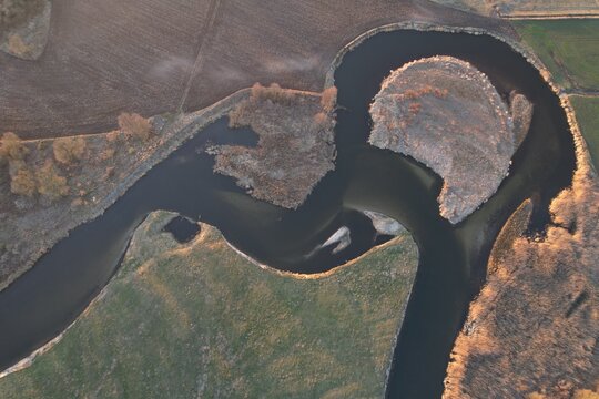 Beautiful meanders of the Gwda River in Poland seen from a drone