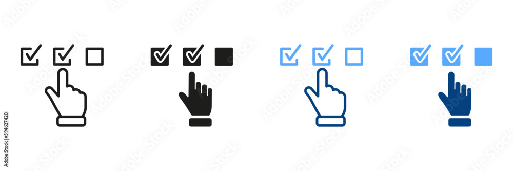 Poster digital application black and color pictogram. questionnaire line and silhouette icon set. hand tick