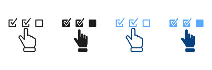 Digital Application Black and Color Pictogram. Questionnaire Line and Silhouette Icon Set. Hand Tick Checkmark Symbol Collection. Choice Checkbox in Checklist. Isolated Vector Illustration