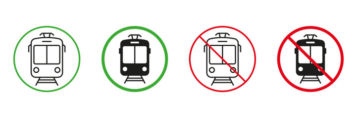Tramway Line and Silhouette Icons Set. Electric Streetcar, Permit and Not Allowed Transportation Symbol Collection. Tram Way Red and Green Road Signs. Isolated Vector Illustration