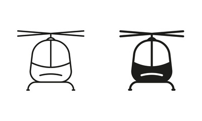 Helicopter Line and Silhouette Black Icon Set. Aviation Transport Pictogram. Military Copter Outline and Solid Symbol Collection on White Background. Helicopter Sign. Isolated Vector Illustration