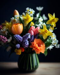 Bouquet of fresh spring flowers, such as tulips, daffodils, and hyacinths, placed in a charming vase.