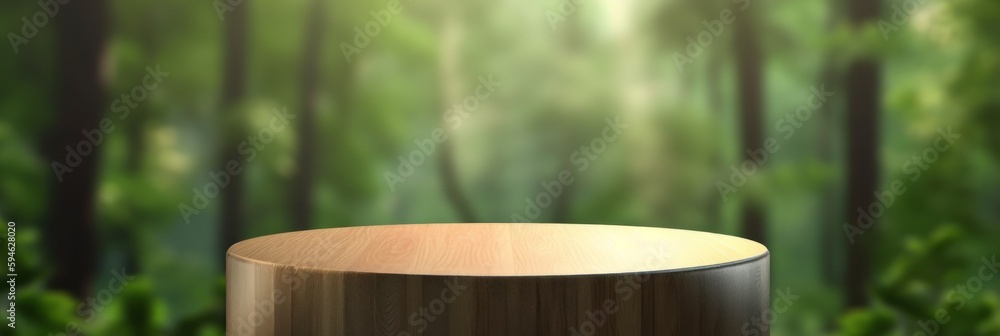 Wall mural Wooden podium with leaves. Round stage for product presentation with green leaves. Cosmetics product advertising stand. Generate AI.