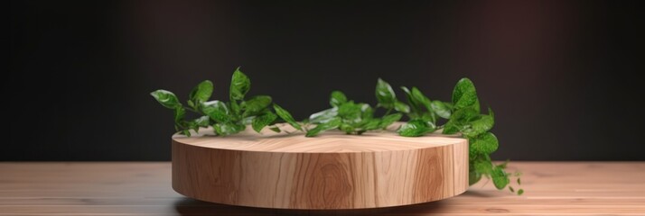 Wooden podium with leaves. Round stage for product presentation with green leaves. Cosmetics product advertising stand. Generate AI.