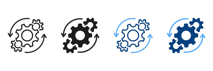 Workflow Cog Wheel Symbol Pictogram. Circle Gear Work Progress Line and Silhouette Icon Set. Gear and Round Arrow Business Technology Process Symbol Collection. Isolated Vector Illustration