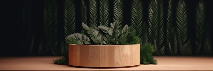Wooden podium with leaves. Round stage for product presentation with green leaves. Cosmetics product advertising stand. Generate AI.