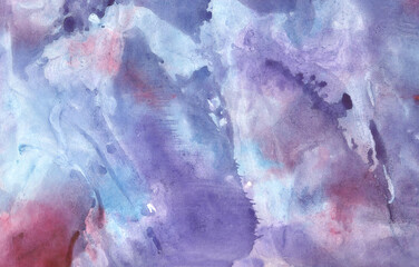 Obraz na płótnie Canvas Abstract violet blue watercolor background. Watercolor spilled over the sheet. The color splashing on the paper. Suitable for backgrounds, postcards, banners. It is a hand drawn.