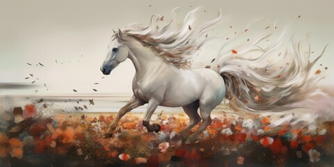Obraz na płótnie Canvas A majestic white horse with a flowing mane, galloping through a field of suspended paintbrushes against a stark background, concept of Movement, created with Generative AI technology