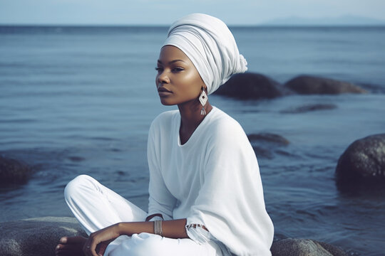 Portrait of a beautiful young black woman in white clothes sitting on the beach and meditating AI generative art
